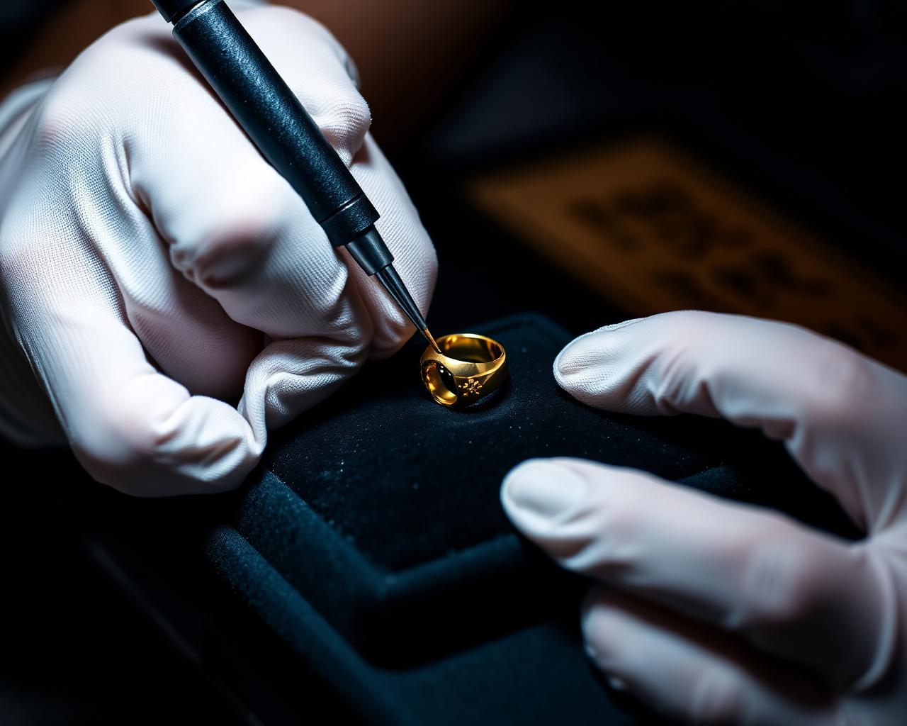 Jeweller hands testing a gold ring with precision tools